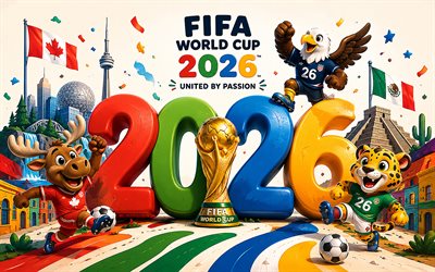 4k, copa mundial de la fifa 2026, coloridos dígitos 3d, arte de dibujos animados, mascotas, trofeo de la copa mundial de la fifa, creativo, fútbol americano, arte de la copa mundial de la fifa, trofeo de oro, fútbol, copa mundial de la fifa