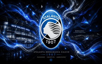Atalanta BC, 4k, Italian football club, Atalanta BC logo, football art, black blue abstract background, Atalanta BC emblem, Serie A, football, Italy, Atalanta logo, Atalanta, New Balance Arena, Atalanta Stadium