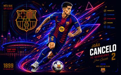 Joao Cancelo, FC Barcelona, fan art, blue burgundy abstract digital background, Joao Cancelo FC Barcelona, creative art, FC Barcelona logo, Joao Cancelo Barcelona, football, Barcelona