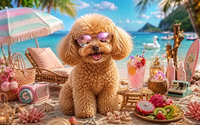 Toy Poodle, 4k, summer, tropical beach, beach accessories, sea, sun lounger, sunglasses, Toy Poodle on beach, dogs, cocktail, cute animals, beach, pets, dog in sunglasses, Toy Poodle Dog