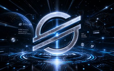 logotipo 3d estelar, 4k, fundo futurista azul, criptomoedas, logotipo de metal estelar, marcas, criptomoeda estelar, logotipo futurista estelar, blockchain, logotipo estelar, estelar