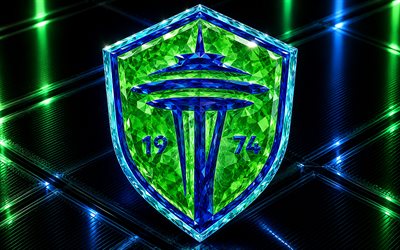 seattle sounders fc  logo, sininen vihreä metalli tausta, seattle sounders fc  tunnus, seattle sounders fc  kristallimerkki, mls, usa, jalkapallo, seattle sounders fc, seattle sounders