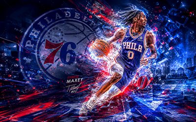 tyrese maxey, 4k, sininen abstrakti tausta, philadelphia 76ers, nba, fanitaidetta, renkaat maxey 4k, koripallo, luova, tyrese maxey philadelphia 76ers, tyrese maxey art