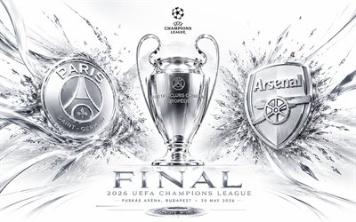 2026 UEFA Champions League final, PSG vs Arsenal FC, white background, PSG, Arsenal FC, Champions League, silver art, Paris Saint-Germain vs Arsenal, Paris Saint-Germain, Puskas Arena, Budapest, football match, football