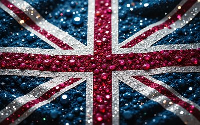 Union Jack, 4K, gemstones, flag of Great Britain, red blue crystals, shiny stones, Union Flag, United Kingdom, Great Britain, creative art, red gemstones, Great Britain flag, United Kingdom flag