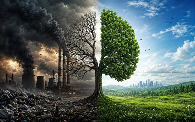 4k, environmental pollution, creative, factory, half-dried tree, smoke, 3D art, ecology concepts, protect nature, environment concepts, eco concepts, heavy industry, harm to the environment, green tree and factories