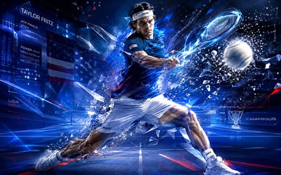 Taylor Fritz, 4k, American tennis player, ATP, blue orange abstract lines art, tennis, Taylor Fritz art, Association of Tennis Professionals, creative art, blue light lines