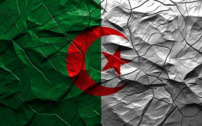 4k, علم الجزائر, نسيج الحجر, أفريقيا, علم الجزائر ثلاثي الأبعاد, الخلفية مع الشقوق, الجزائر, العلم الجزائري