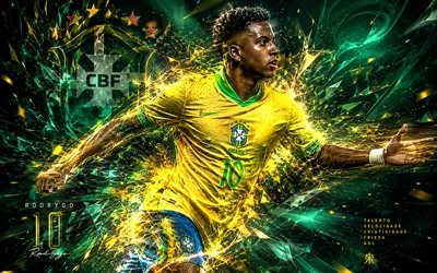 rodrygo, seleção brasileira de futebol, arte dos fãs, fundo de linhas abstratas amarelas verdes, rodrygo brasil, arte criativa, logotipo da seleção brasileira de futebol, futebol, rodrygo silva de góes