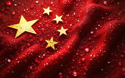 Chinese flag, 4K, wavy background, flag of China, red gemstones, Chinese gemstones flag, China, gemstones, China flag