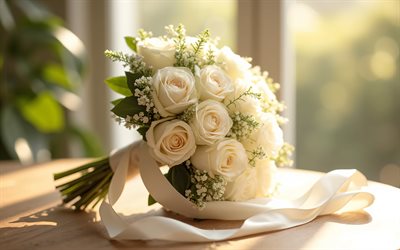 bridal bouquet, 4k, white silk ribbon, bridal bouquet of white roses, white wedding bouquet, white roses, Wedding bouquet of white roses, wedding concepts, roses bouquet, wedding, roses