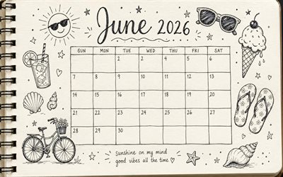 calendario junio ​​2026, 4k, dibujo en cuaderno, accesorios de playa, creativo, wibes de playa, junio 2026, calendarios de verano, calendario junio 2026, arte del garabato, verano, calendarios de junio, calendarios 2026, junio