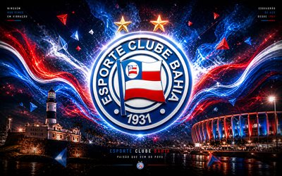 ce bahia, 4k, clube de futebol brasileiro, logotipo da ec bahia, arte do futebol, fundo abstrato azul, emblema do ec bahia, série a brasileira, futebol, brasil, esporte clube bahia
