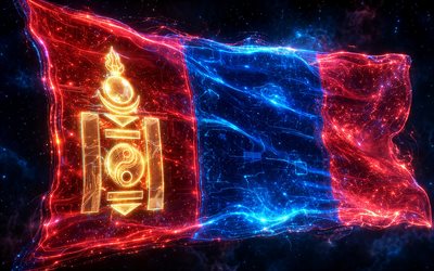 Mongolia glowing flag, 4k, darkness, flag of Mongolia, Day of Mongolia, 3D art, Mongolian flag, Mongolia neon flag, neon waves Mongolia flag, Mongolia 3D flag, Mongolia abstract flag, Mongolia