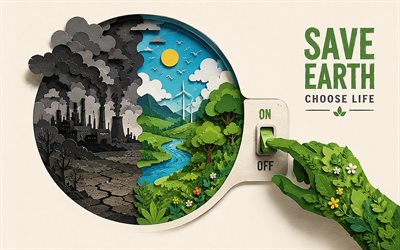 Save Earth, 4K, Choose Life, switch, creative eco concepts, environment, ecology concepts, Save Earth concepts, paper art, ecology, take care of nature