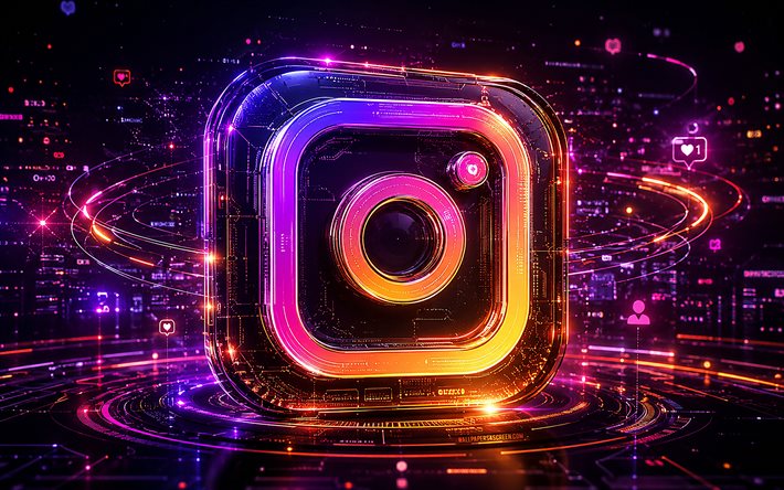 Instagram futuristic logo, 4k, purple futuristic background, colorful neon rays, social networks, Instagram 3D logo, Instagram glass logo, brands, Instagram logo, Instagram