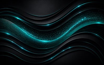 ondas de neón turquesa sobre fondo negro, 4k, fondo de ondas abstractas turquesa, ondas de neón turquesa, fondo negro de ondas 3d, fondo abstracto de ondas