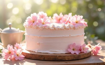 Cake with pink flowers, 4K, spring cake, spring cake ideas, cherry blossom, cakes, sweets, pink cake