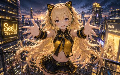 SeeU, 4k, cityscape, Vocaloid, skyscrapers, artwork, Vocaloid 3, fan art, Vocaloid characters, SeeU Vocaloid
