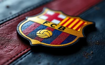 FC Barcelona leather logo, blue burgundy leather background, FC Barcelona leather emblem, FC Barcelona logo, FC Barcelona glass sign, La Liga, Spain, football, FC Barcelona, Barcelona logo, Barcelona