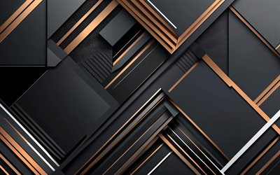 bronze black background, 4k, material design, bronze lines, 3D textures, artwork, metal art, geometry, abstract backgrounds, geometrical backgrounds, abstractions, black abstract backgrounds