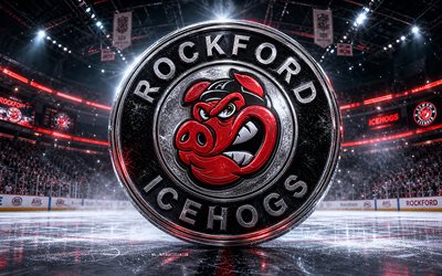 4k, rockford icehogs metallilogo, kohdevalot, jääareena, ahl, luova, jääkiekko, rockford icehogs  logo, jääkiekkostadion, rockford icehogs 3d  logo, amerikkalainen jääkiekkojoukkue, rockford icehogs