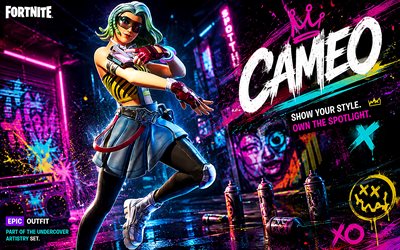 cameo, 4k, värikäs futuristinen tausta, fortnite, fanitaidetta, cameo skin, fortnite cameo skin, luova, cameo fortnite