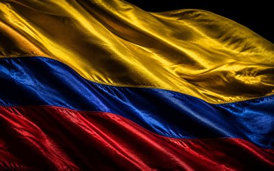 bandera de seda colombia, 4k, oscuridad, banderas onduladas de tela, bandera de colombia, bandera 3d de colombia, bandera colombiana, colombia, dia de colombia, simbolos patrios colombianos, bandera colombia