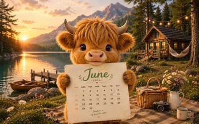 June 2026 Calendar, 4k, Icelandic cow in the mountains, Alps, 2026 June Calendar, cute Icelandic cow, June, 2026 calendars, June Calendar 2026, trip to the mountains