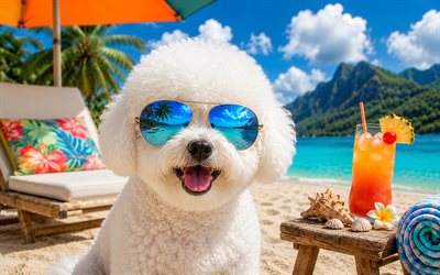 Bichon Frise, 4k, summer, tropical beach, beach accessories, sea, sun lounger, sunglasses, Bichon Frise on beach, dogs, cocktail, cute animals, beach, pets, dog in sunglasses, Bichon Frise Dog