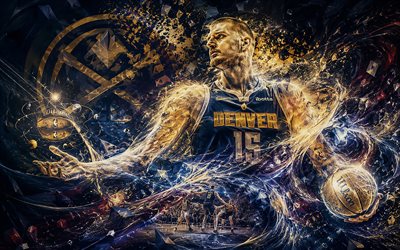 Nikola Jokic, 4k, blue abstract background, Denver Nuggets, NBA, fan art, Denver Nuggets logo, Nikola Jokic 4K, basketball, creative, Nikola Jokic Denver Nuggets, Nikola Jokic Art