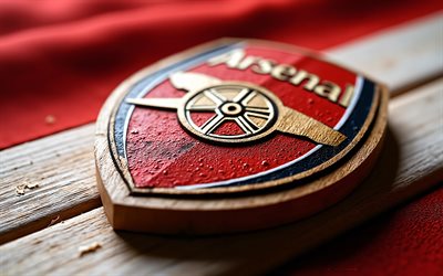 arsenal fc logotyp i trä, 4k, röd trä bakgrund, arsenal, premier league, träkonst, arsenal fc logotyp, arsenal fc emblem, england, arsenal fc, fotboll, arsenals logotyp