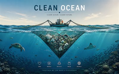 Clean Ocean, 4K, ecology concepts, ocean pollution concepts, save water, Clean Ocean Project, eco concepts, ocean trash collection