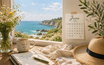 June 2026 Calendar, 4k, mood concepts, 2026 June Calendar, sea, summer travel, June, 2026 calendars, June Calendar 2026, seascape in the window