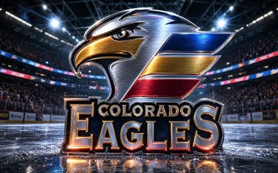 4k, Colorado Eagles metal logo, spotlights, ice arena, AHL, creative, hockey, Colorado Eagles logo, hockey stadium, Colorado Eagles 3D logo, american hockey team, Colorado Eagles