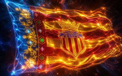 valencian hehkuva lippu, 4k, pimeys, valencian lippu, valencian päivä, 3d taide, valencian neonlippu, valencian 3d lippu, espanjan maakunnat, valencian abstrakti lippu, valencia