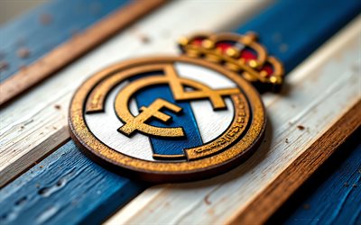 شعار ريال مدريد الخشبي, خلفية خشبية بيضاء زرقاء, شعار ريال مدريد, عن قرب, لافتة ريال مدريد الخشبية, الدوري الاسباني, إسبانيا, كرة القدم, ريال مدريد, شعار نادي ريال مدريد لكرة القدم, نادي ريال مدريد لكرة القدم