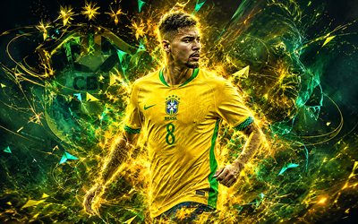 bruno guimarães, seleção brasileira de futebol, arte dos fãs, fundo de linhas abstratas amarelas verdes, bruno guimarães brasil, arte criativa, logotipo da seleção brasileira de futebol, futebol