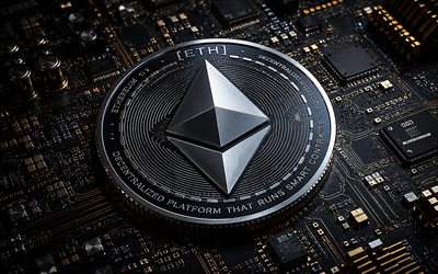 شعار الاثيريوم, 4k, خلفية التكنولوجيا السوداء, ايثريوم, blockchain, إيثريوم, علامة الاثيريوم, عملة الاثيريوم, عملة مشفرة, شعار إيثريوم ثلاثي الأبعاد