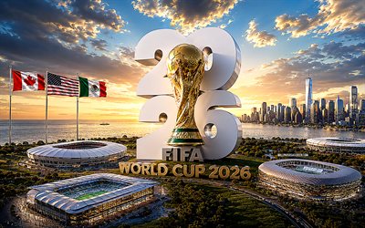 copa mundial de la fifa 2026, 4k, estadios, horizonte urbano, trofeo de la copa mundial de la fifa, banderas, fútbol americano, arte de la copa mundial de la fifa, trofeo de oro, fútbol, copa mundial de la fifa