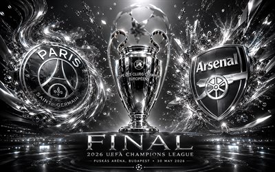 2026 UEFA Champions League final, PSG vs Arsenal FC, silver background, PSG, Arsenal FC, Champions League, metal art, final, Paris Saint-Germain vs Arsenal, Paris Saint-Germain, Puskas Arena, Budapest, football match, football