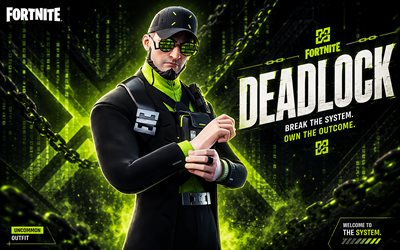 Deadlock, 4k, green futuristic background, Fortnite, fan art, Deadlock Skin, Fortnite Deadlock Skin, creative, Deadlock Fortnite