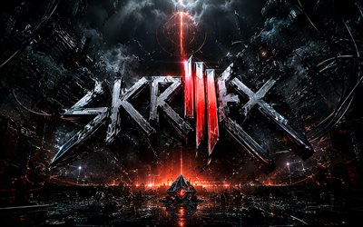شعار skrillex المستقبلي, 4k, الظلام, creaive, دي جي أمريكي, شعار سكريليكس ثلاثي الأبعاد, سوني جون مور, شعار سكريليكس المعدني, نجوم الموسيقى, سكريليكس الفن, سكريليكس