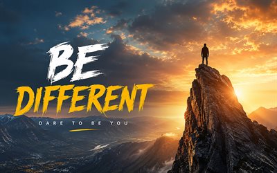 Be different, 4k, mountain top, climber, mountain conquest, Be different concepts, creative, Be different inscription, artwork, Be different art