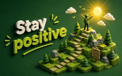 Stay positive, 4K, isometric art, positive concepts, green background, Stay positive art, 3D isometric mountain, Stay positive concepts