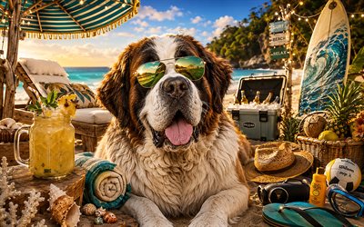 4k, Saint-bernard, funny dog, summer, tropical beach, beach accessories, sea, sun lounger, sunglasses, Saint-bernard on beach, dogs, cocktail, cute animals, beach, pets, dog in sunglasses, Saint-bernard Dog