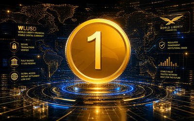 World Liberty Financial USD 3D logo, 4k, golden futuristic background, cryptocurrencies, WLUSD, World Liberty Financial USD futuristic logo, WLUSD logo, blockchain, World Liberty Financial USD logo, World Liberty Financial USD