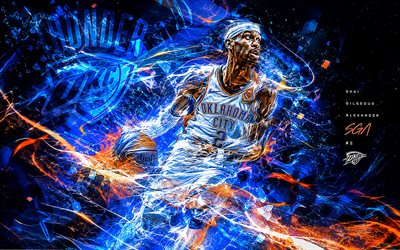 shai gilgeous alexander, 4k, fondo abstracto azul, trueno de la ciudad de oklahoma, nba, fan art, logotipo del trueno de la ciudad de oklahoma, shai gilgeous alexander 4k, okc, baloncesto, creativo, shai gilgeous alexander oklahoma city thunder, shai gilgeous alexander arte