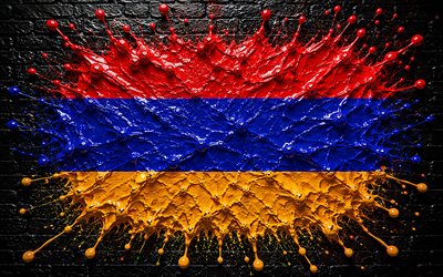 4k, علم أرمينيا, مبدع, أرمينيا ترسم العلم, جدار من الطوب الأسود, فن الطلاء, العلم الأرمني, بقع الطلاء, عمل فني, الرموز الوطنية الأرمنية, علم أرمينيا ثلاثي الأبعاد, أرمينيا
