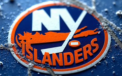 New York Islanders metal logo, 4k, blue metal background, NHL, New York Islanders logo, metal art, New York Islanders emblem, USA, New York Islanders, hockey